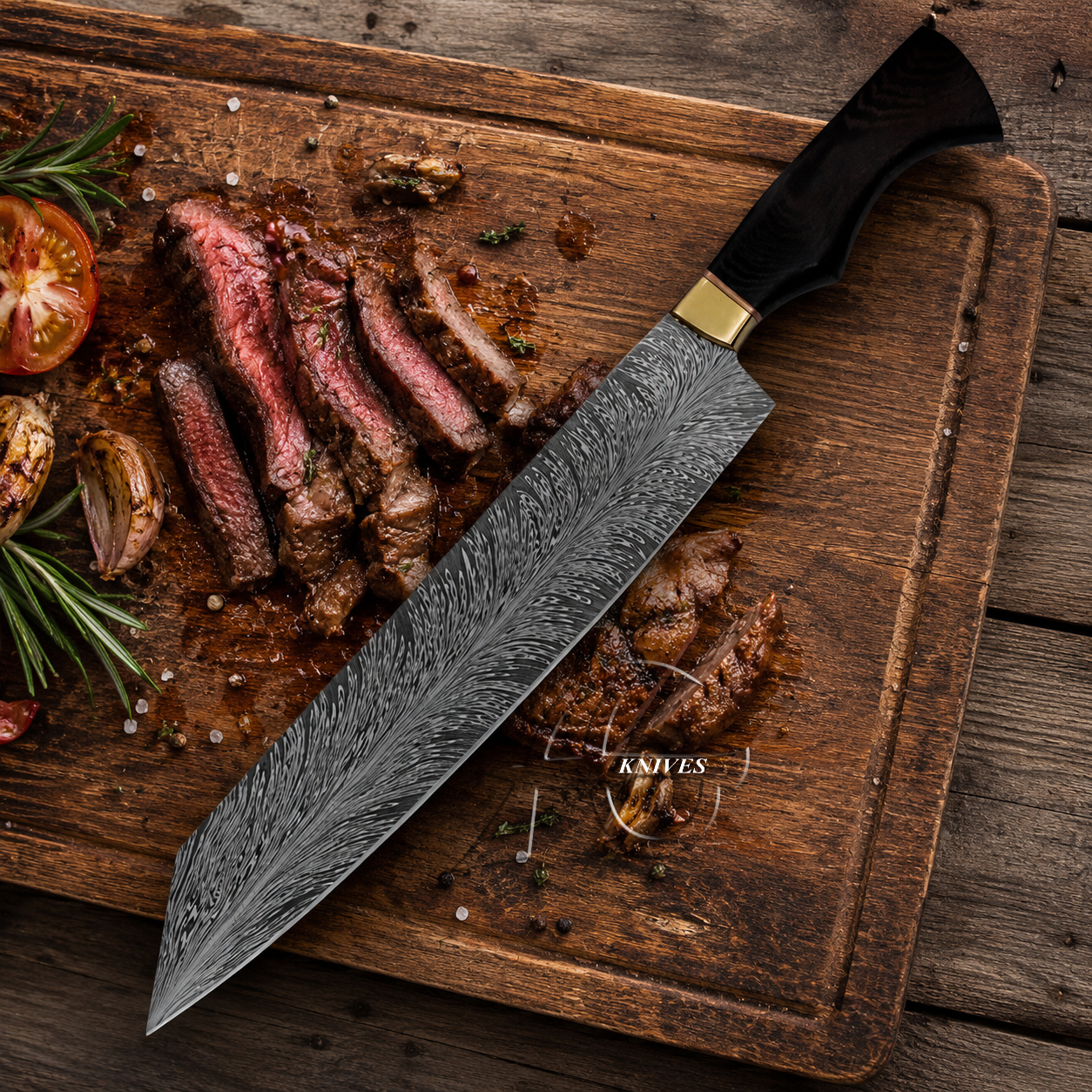 Decorative chef's knife on a wooden cutting board with sliced steak and vegetables.