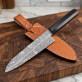 Breathtaking Handcrafted Damascus Feather Pattern Chef Knife - Black Wood Handle 14"