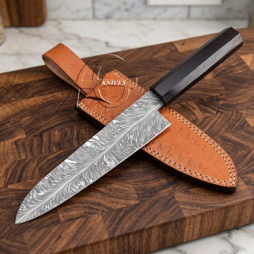 Breathtaking Handcrafted Damascus Feather Pattern Chef Knife - Black Wood Handle 14"
