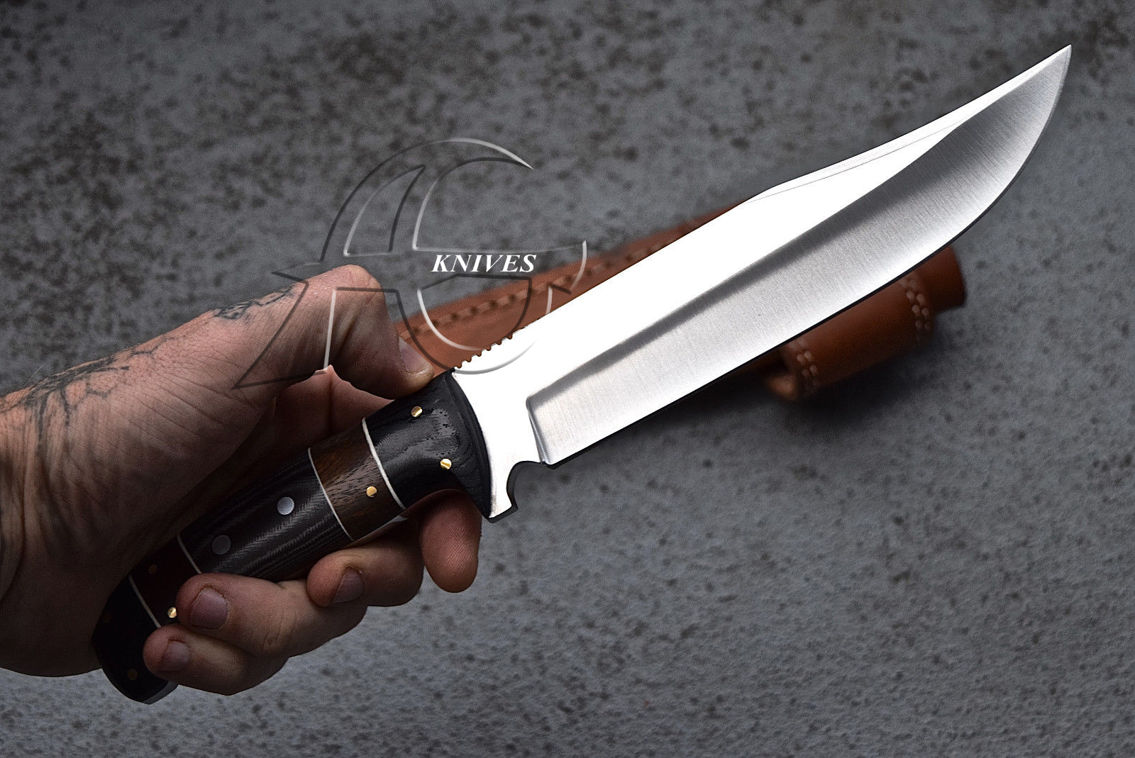 12" Hand Forged Steel Hunting Bowie Knife with Black G10 & Wood Handle & Handcrafted Sheath
