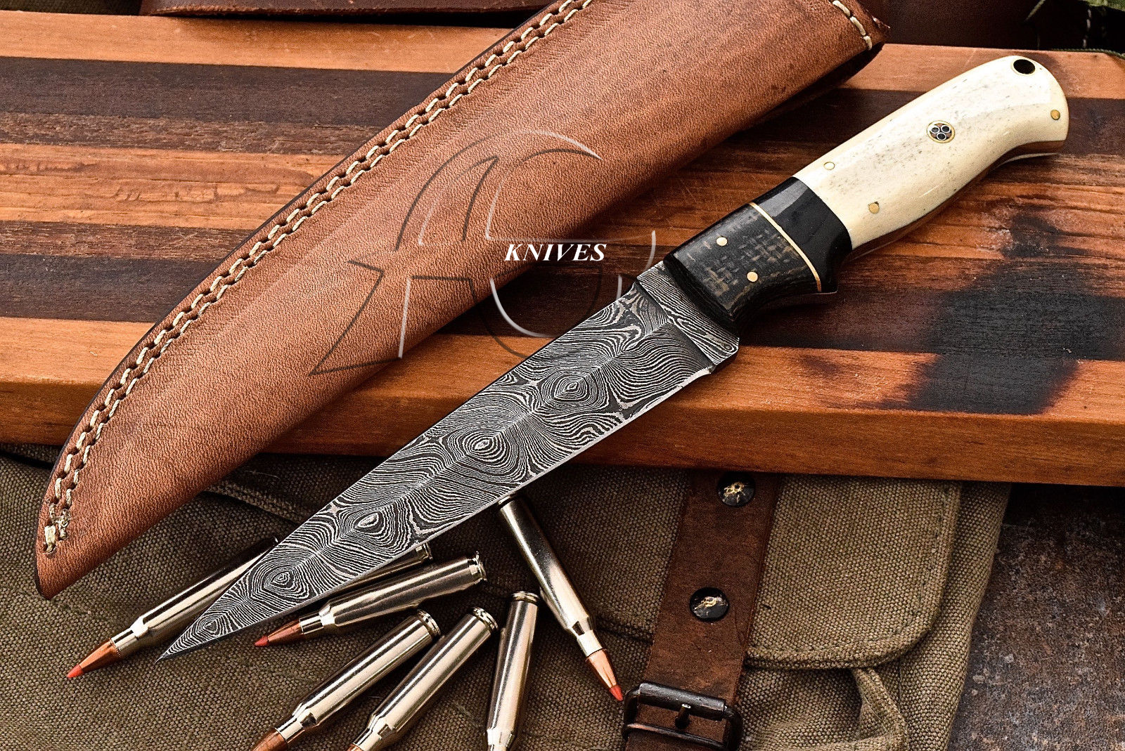 10" Hand Forged Damascus Steel Double Edge Dagger with Bone, G10 & Horn Handle & Handcrafted Sheath