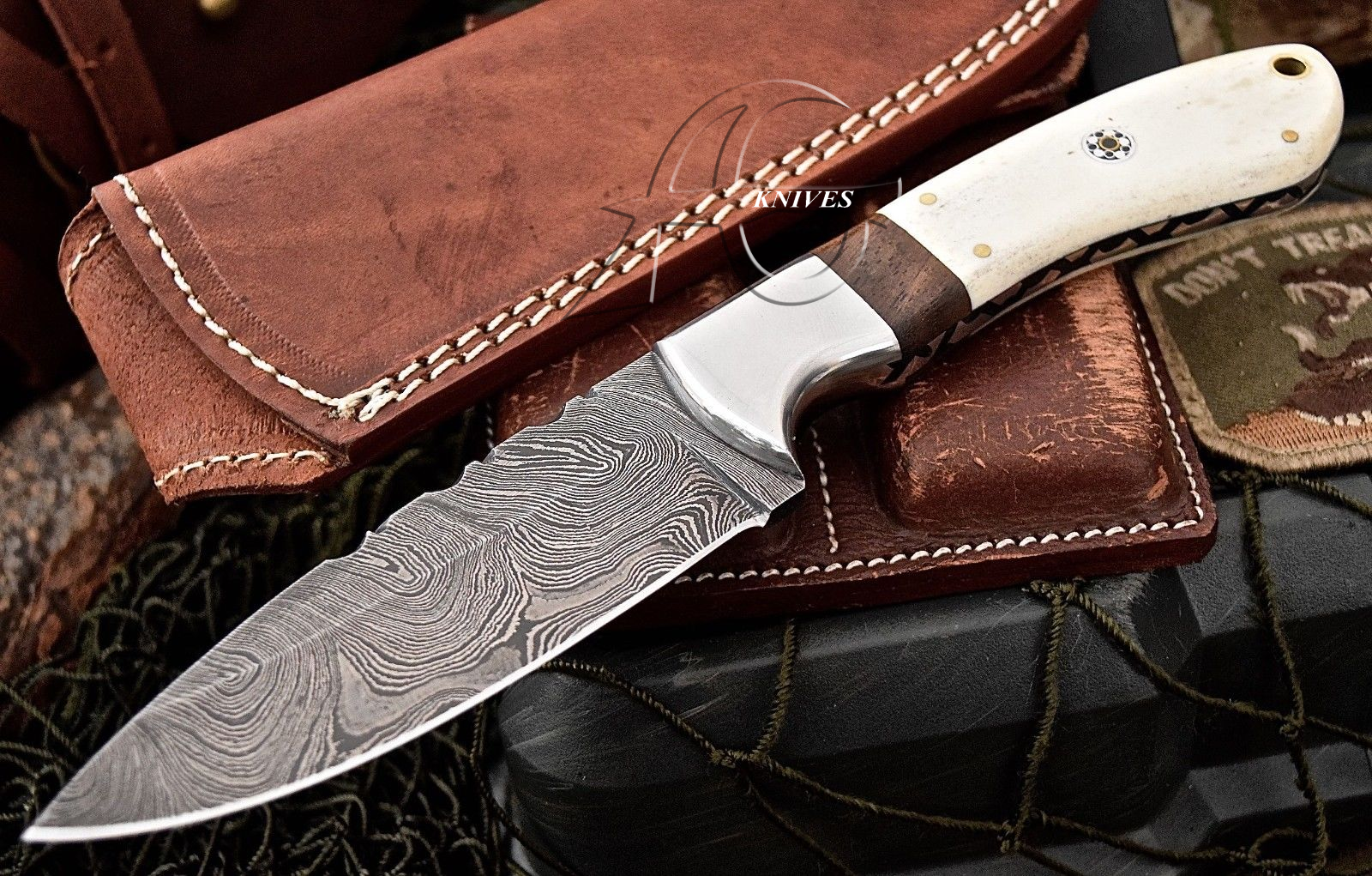 9" Hand Forged Damascus Steel Knife with Wood & Bone Handle & Handcrafted Sheath