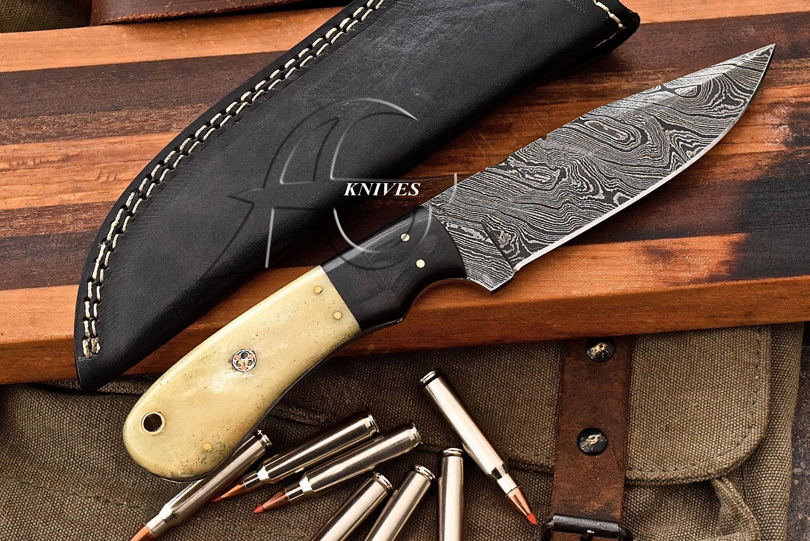 8.5" Hand Forged Damascus Steel Knife with Bone & Horn Handle & Handcrafted Sheath