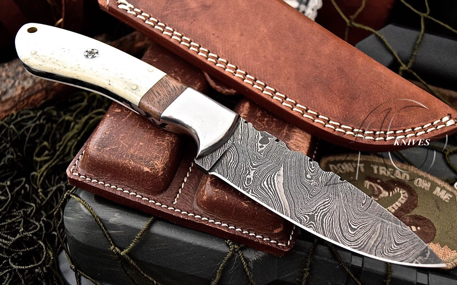 9" Hand Forged Damascus Steel Knife with Wood & Bone Handle & Handcrafted Sheath