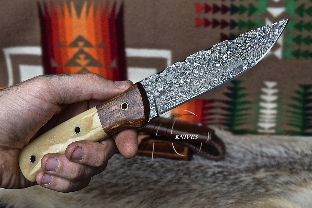 8" Hand Forged Damascus Steel Raindrop Knife with Bone & Wood Handle & Handcrafted Sheath