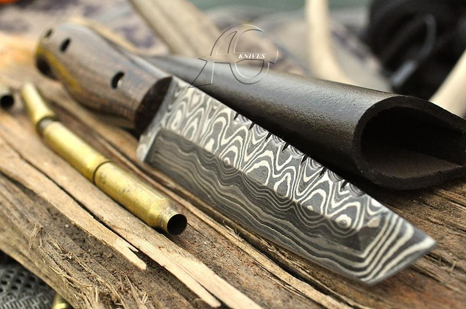 10" Hand Forged Damascus Steel Tanto Survival Knife with Brown G10 Handle & Handcrafted Sheath