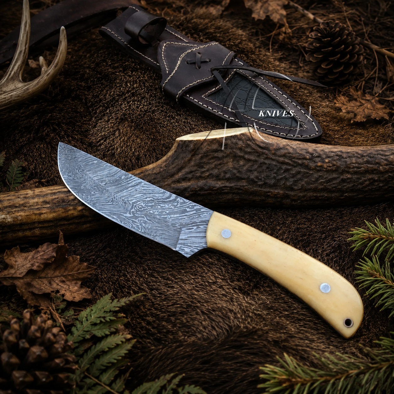 A fixed-blade knife with a patterned steel blade and a light beige wooden handle lies on a rustic forest-themed surface with bark, pine needles, and a black knife sheath. The sheath has the word 'KNIVES' printed on it.