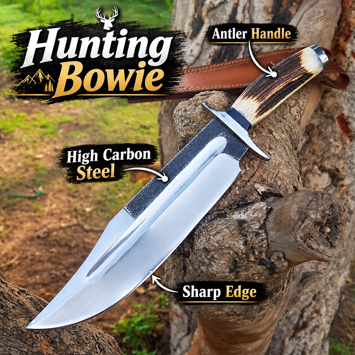 A large hunting bowie knife with a curved high-carbon steel blade, antler handle, and brown leather sheath, shown leaning against a tree trunk outdoors with text callouts highlighting features.
