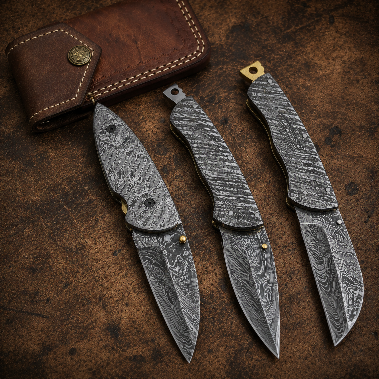 Set of 3 Pcs Handmade Full Damascus Pocket Knife
