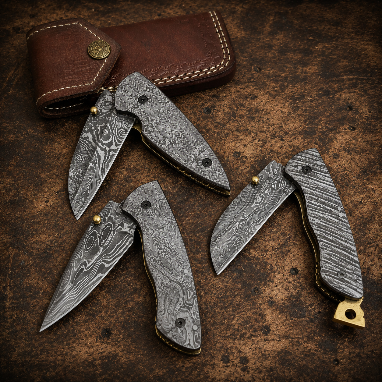 Set of 3 Pcs Handmade Full Damascus Pocket Knife
