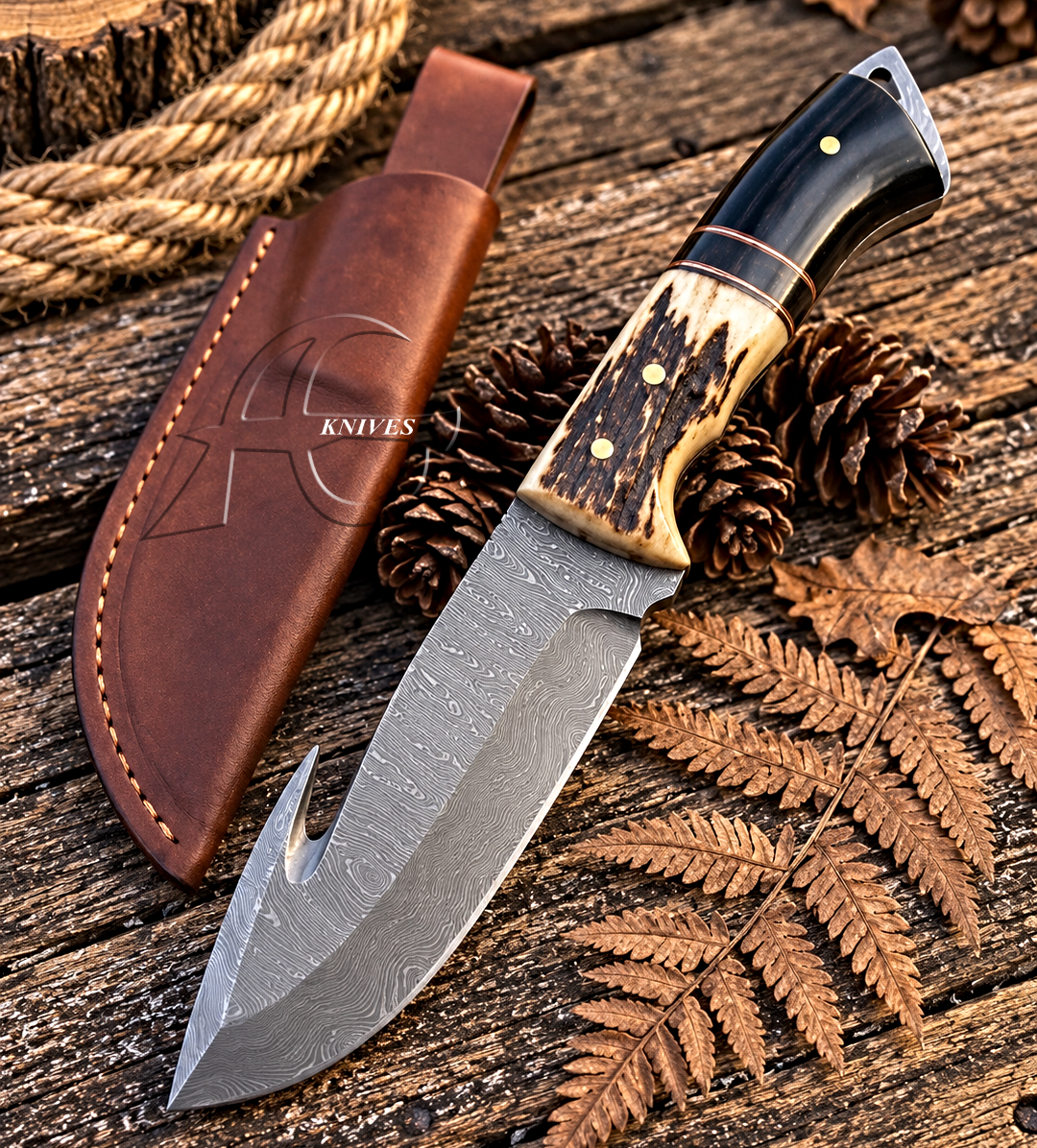 10" Fixed Blade Hand Forged Damascus Hunting Gut Hook Knife With Leather Sheath