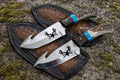 Pair Steel Gut Hook Skinning Knife Set, 8" Deer Horn, Wood & Turquoise Handles with Leather Sheaths