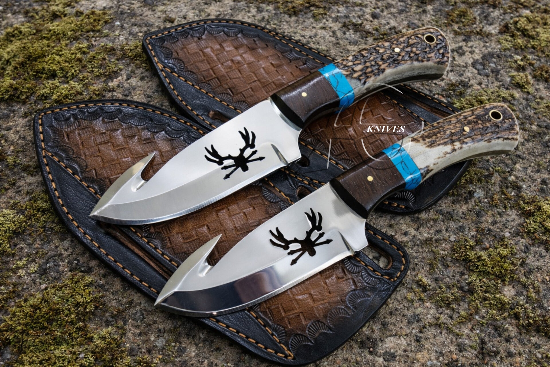 Pair Steel Gut Hook Skinning Knife Set, 8" Deer Horn, Wood & Turquoise Handles with Leather Sheaths