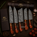 Charming Handcrafted Damascus Kitchen Knife Set - 5 Pcs with Leather Roll Case