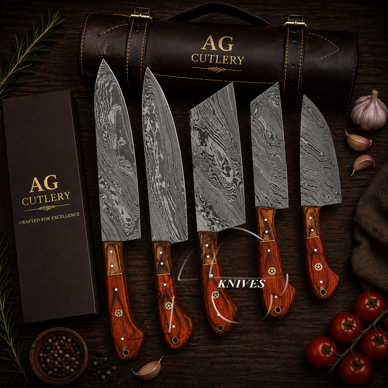 Charming Handcrafted Damascus Kitchen Knife Set - 5 Pcs with Leather Roll Case