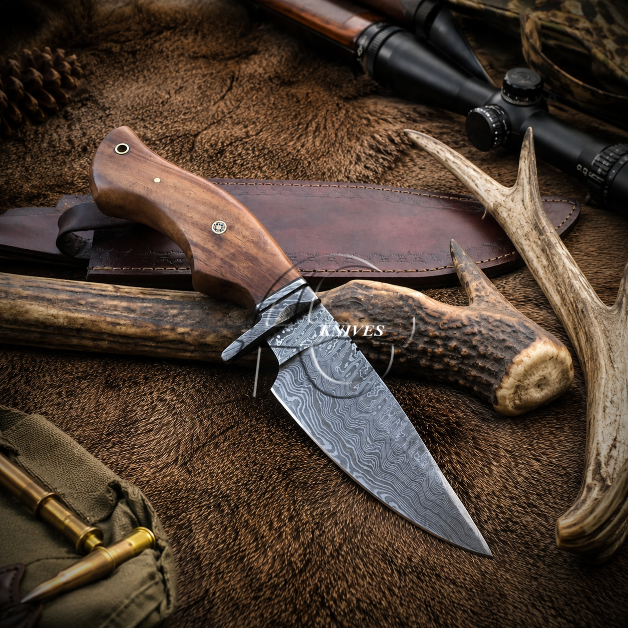 A fixed-blade hunting knife with a patterned steel blade and a brown wooden handle, displayed on a brown fur-like surface with a leather sheath, antlers, brass bullets, and a scope in the background.