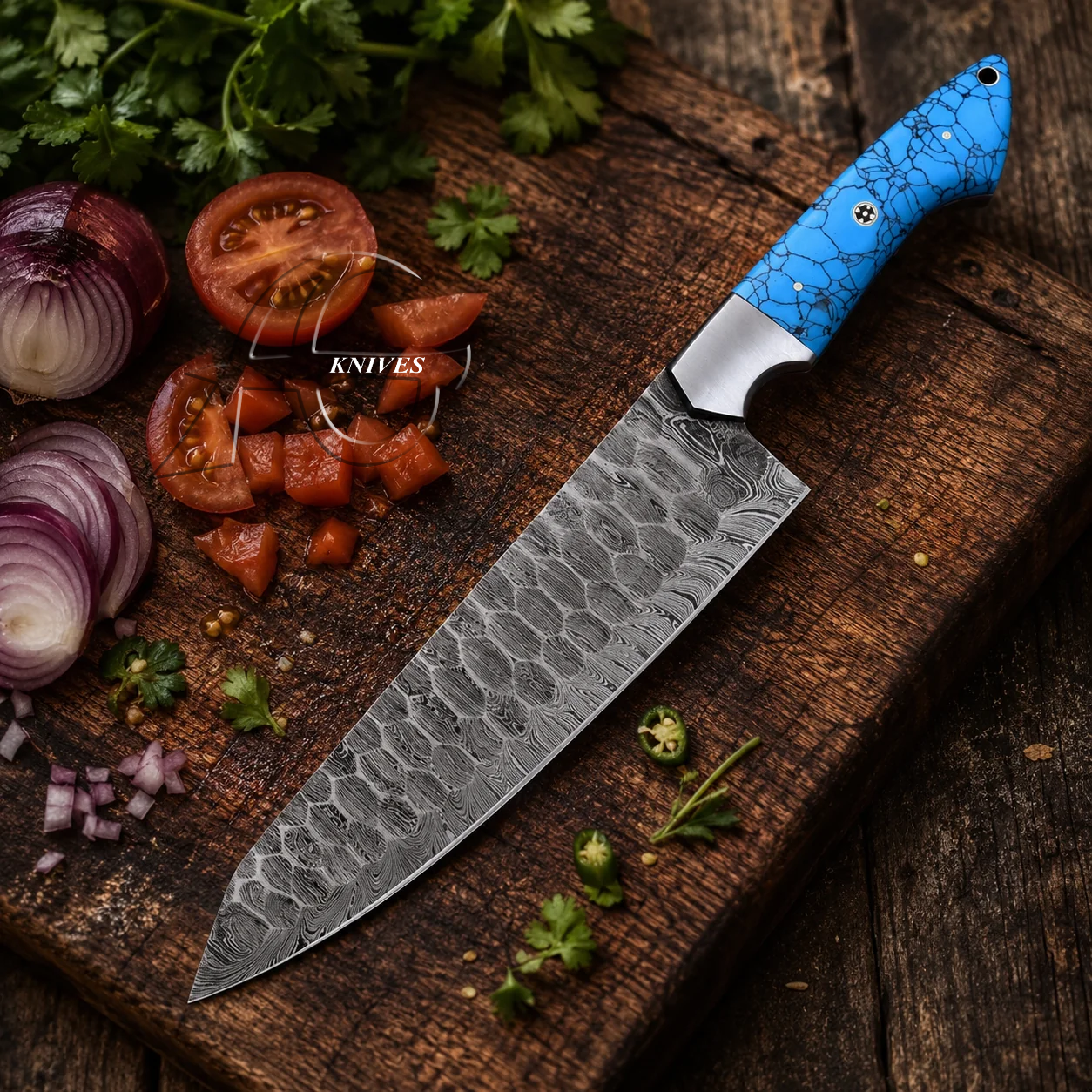 Alluring Handcrafted Damascus Chef Knife - Turquoise Handle 14"