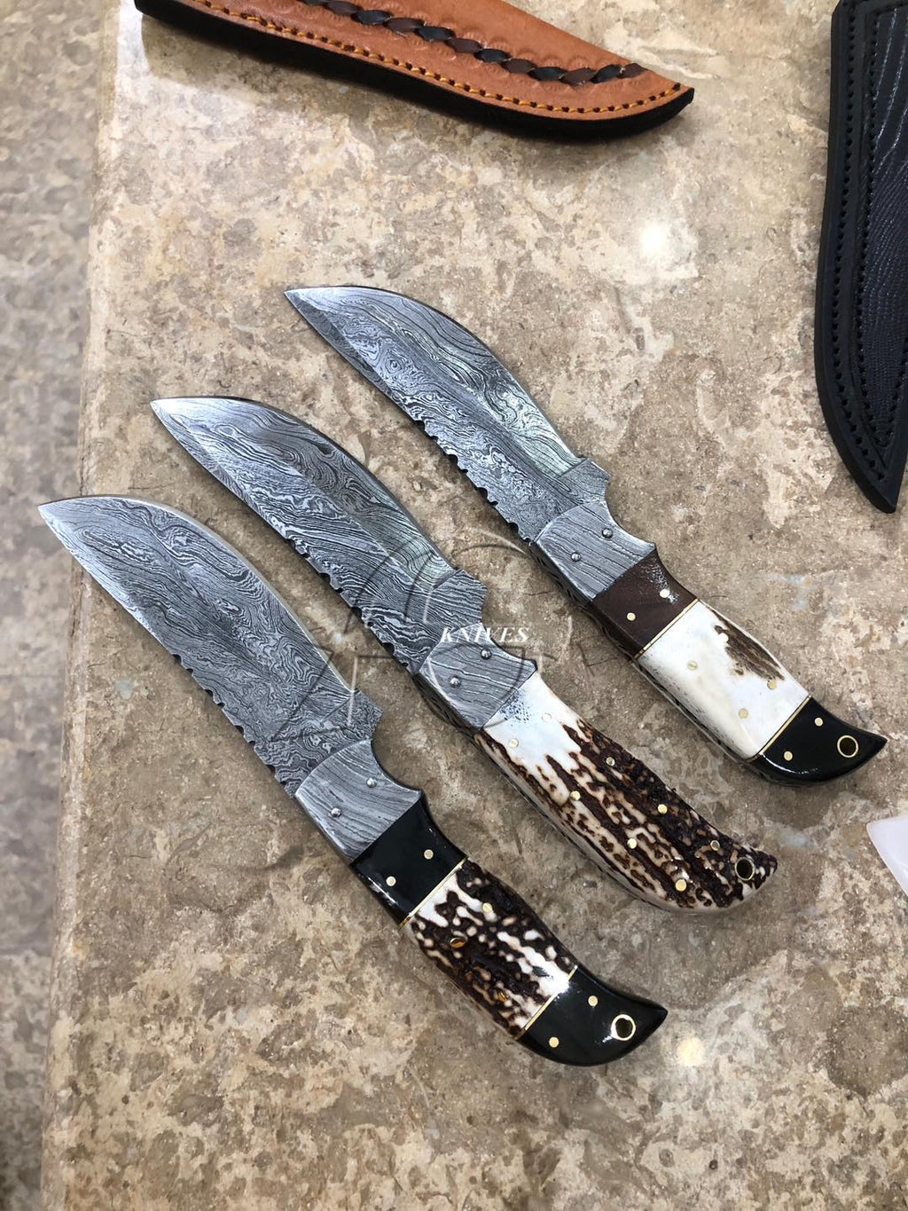 Custom Hand Forged Damascus Hunting Skinning Knives With Leather Cover