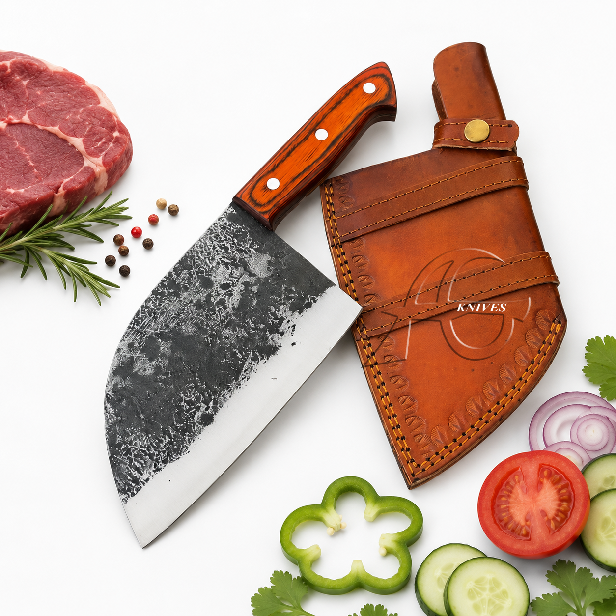 A large chef's knife with a dark textured steel blade and an orange-brown wooden handle lies next to a brown leather sheath on a white background, surrounded by food props including raw meat, parsley, red onion, cucumber, tomato, and peppercorns. A semi-transparent 'KNIVES' watermark is visible across the center.