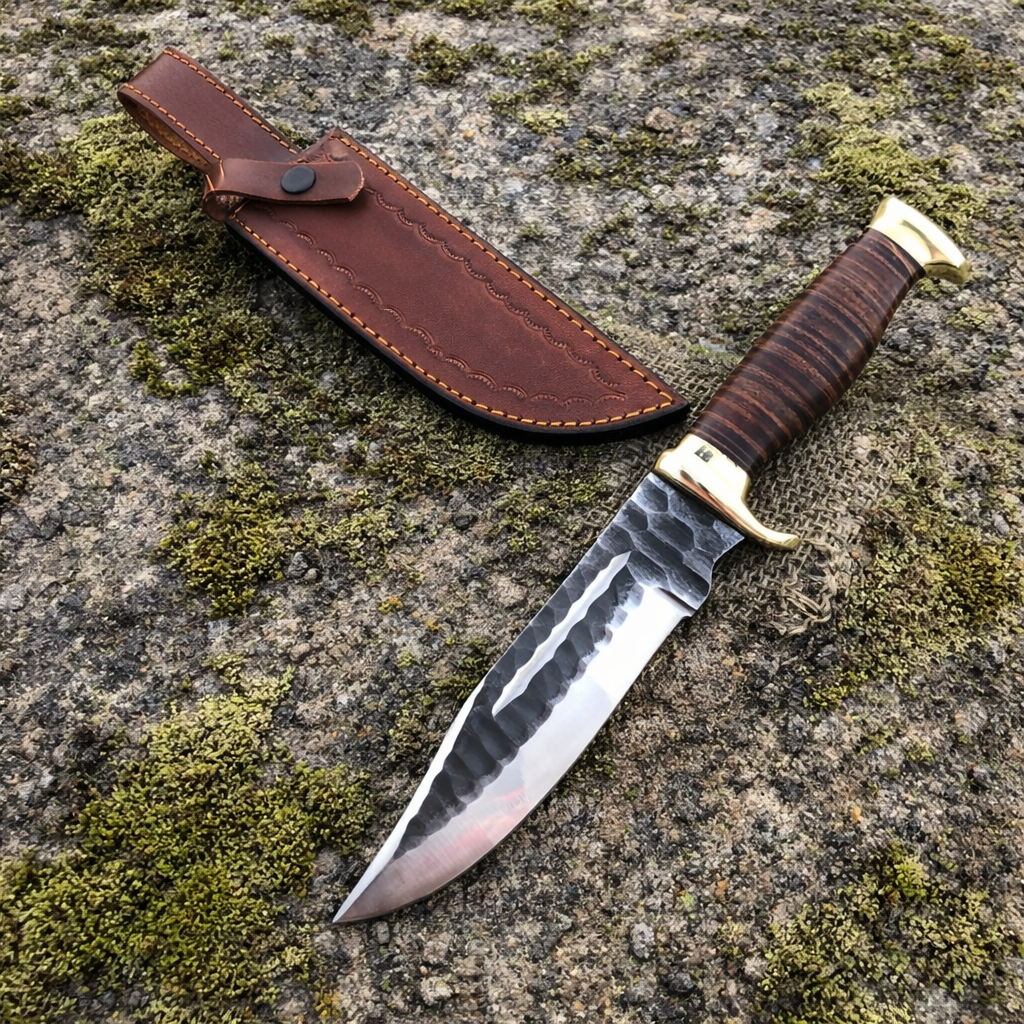 Custom Small Bowie Knife, Hand Forged High Carbon Steel Stacked Leather Handle with Leather Sheath