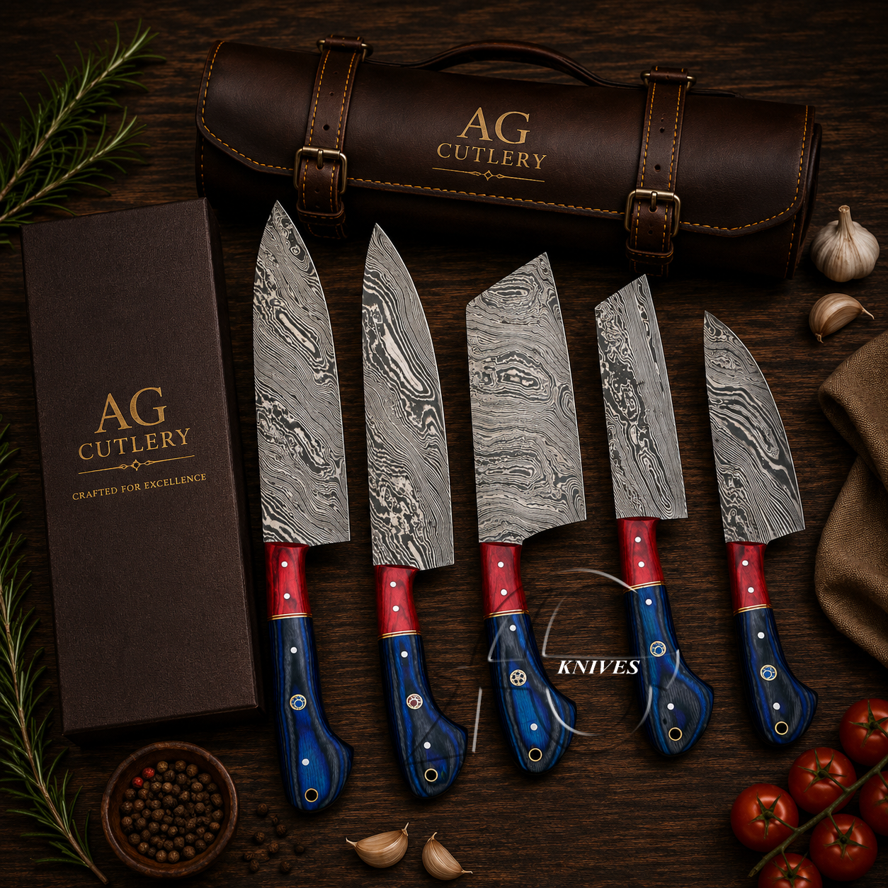 Exquisite Handcrafted Damascus Kitchen Knife Set of 5 Pcs - Leather Roll Case