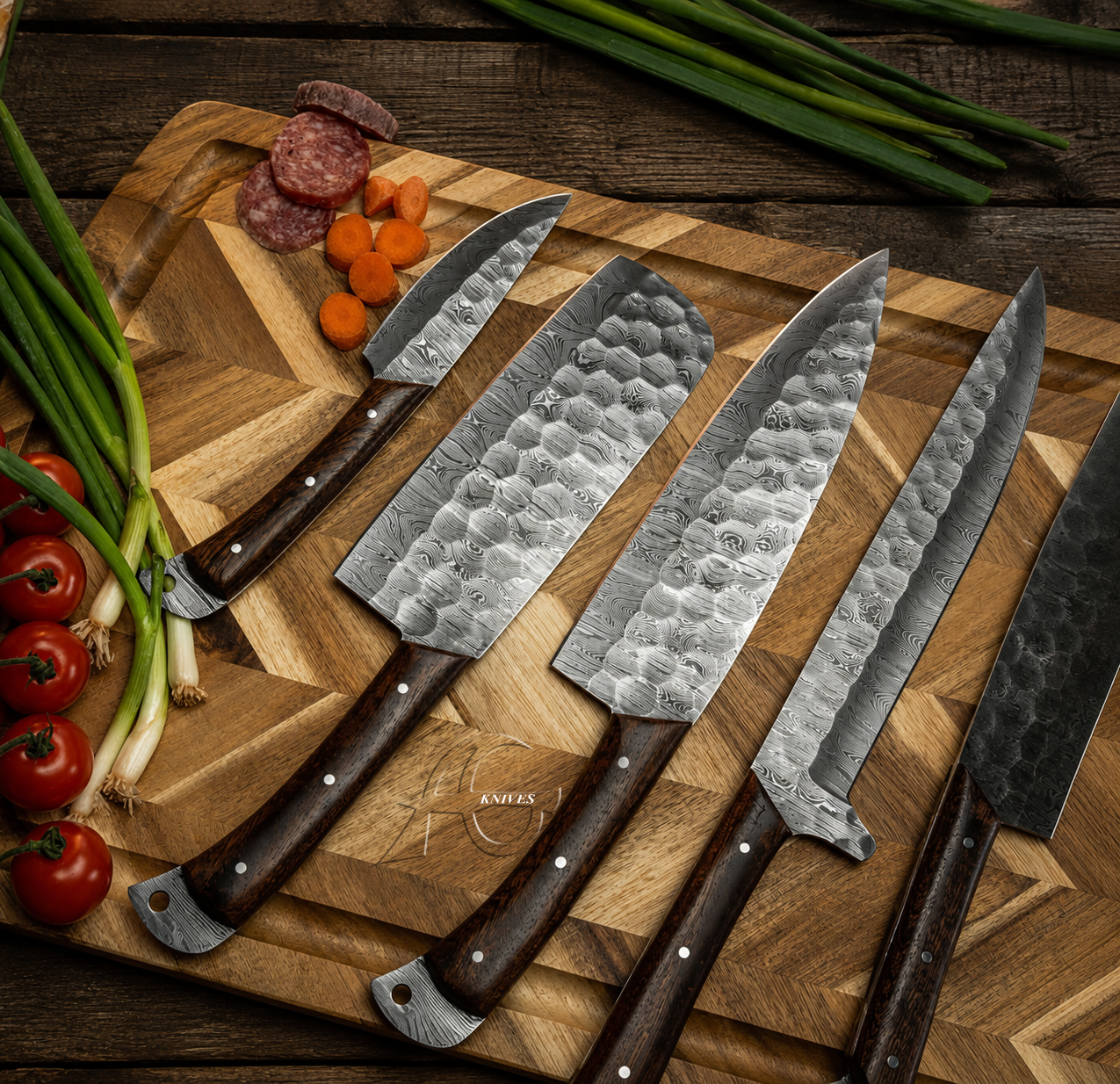 Handcrafted Damascus Kitchen Knife Set of 5 Pcs - Wood Handle Leather Roll Case