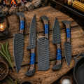 Elegant Handcrafted High Carbon Steel Kitchen Chef Knife Set of 5 Pcs - Wenge & Blue Resin Handle