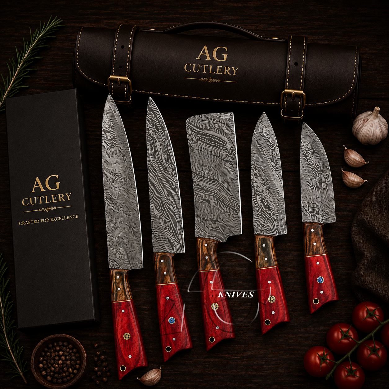 Graceful Handcrafted Damascus Kitchen Knife Set of 5 Pcs - Leather Roll Case
