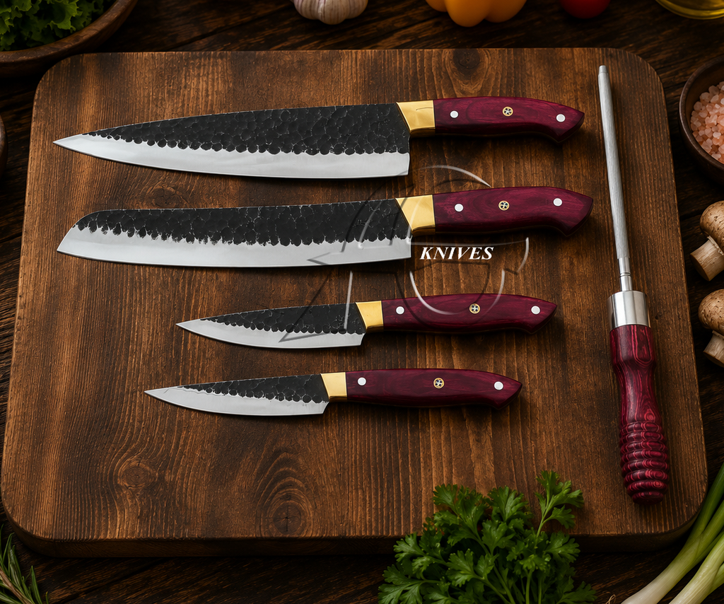 Custom Hand Forged Carbon Steel Chef Knives Set Pink Wood Sharpener - AG Cutlery