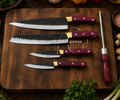Custom Hand Forged Carbon Steel Chef Knives Set Pink Wood Sharpener - AG Cutlery