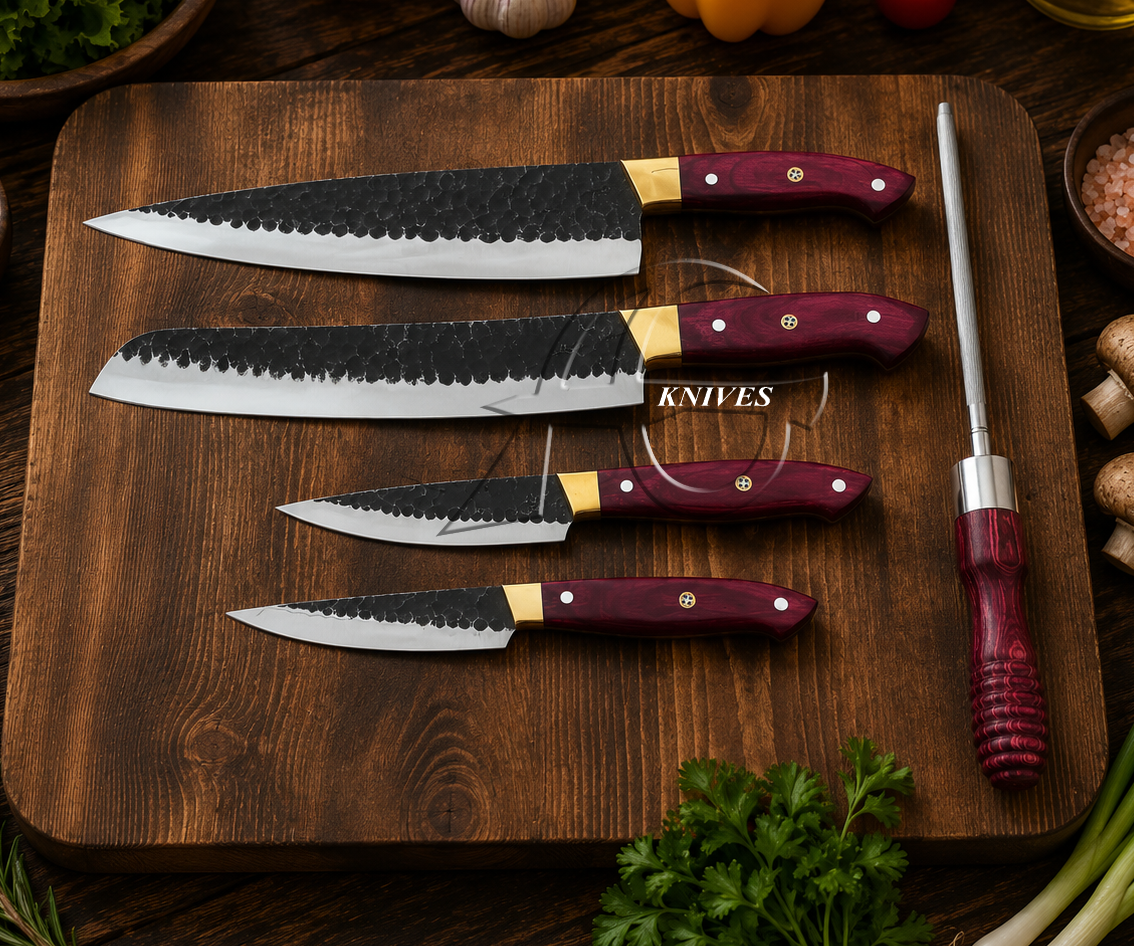 Custom Hand Forged Carbon Steel Chef Knives Set Pink Wood Sharpener - AG Cutlery