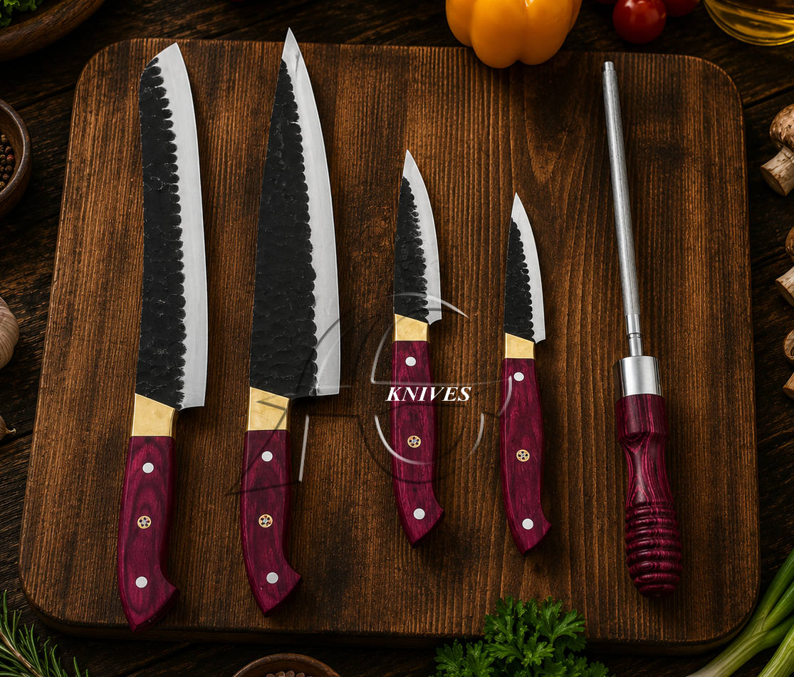 Custom Hand Forged Carbon Steel Chef Knives Set Pink Wood Sharpener - AG Cutlery
