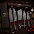 Elegant Handcrafted Damascus 5 Pcs Kitchen Knife Set - Leather Roll Case