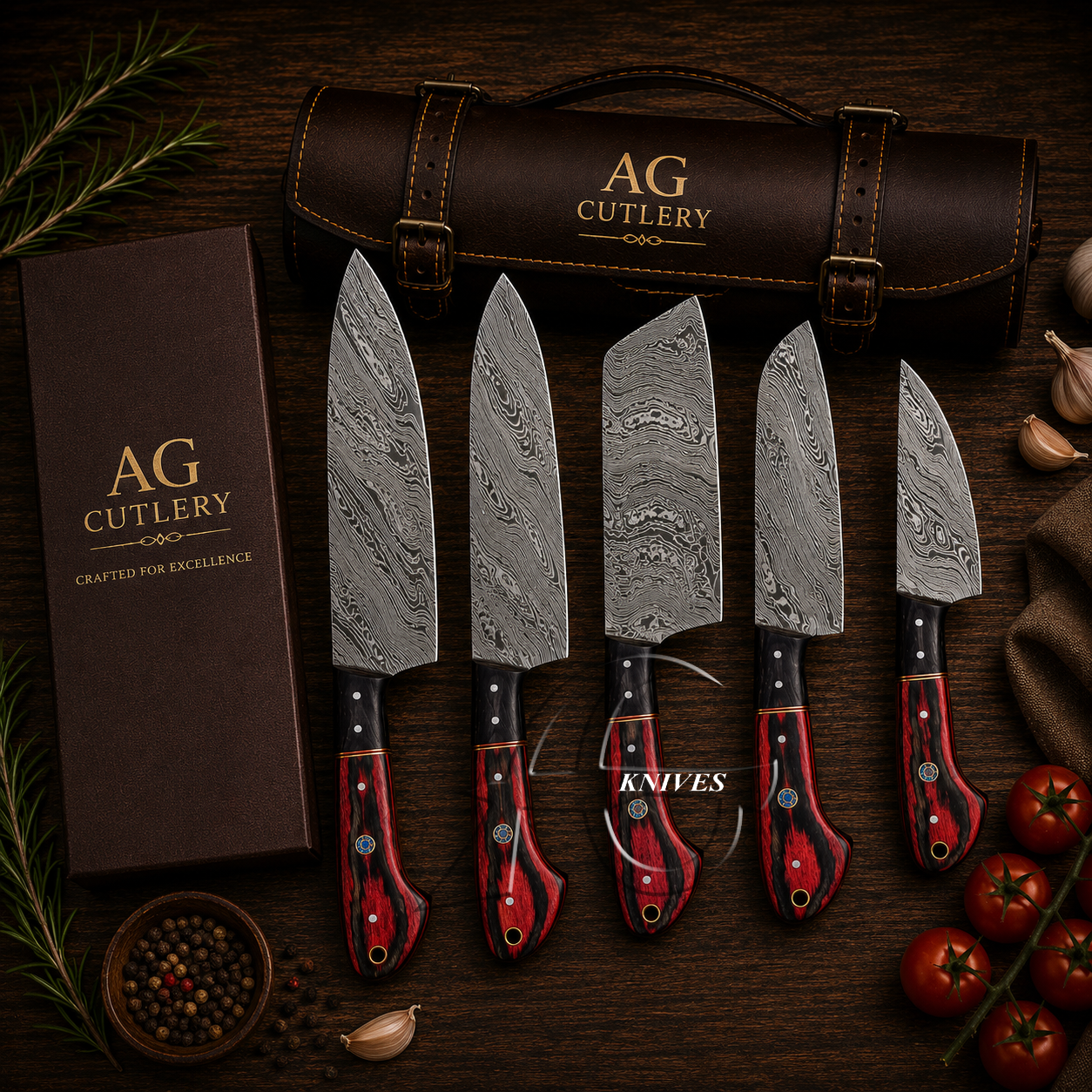 Stunning 5 Pcs Handcrafted Damascus Kitchen Knife Set - Leather Roll Case