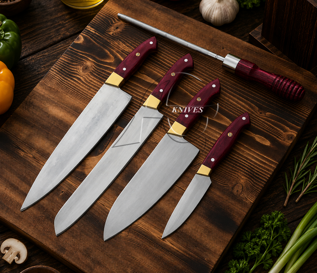 Custom Hand Forged Carbon Steel Kitchen Knives Set Pink Wood Handle - AG Cutlery