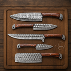 Handcrafted Damascus Kitchen Knife Set of 5 Pcs - Wood Handle Leather Roll Case