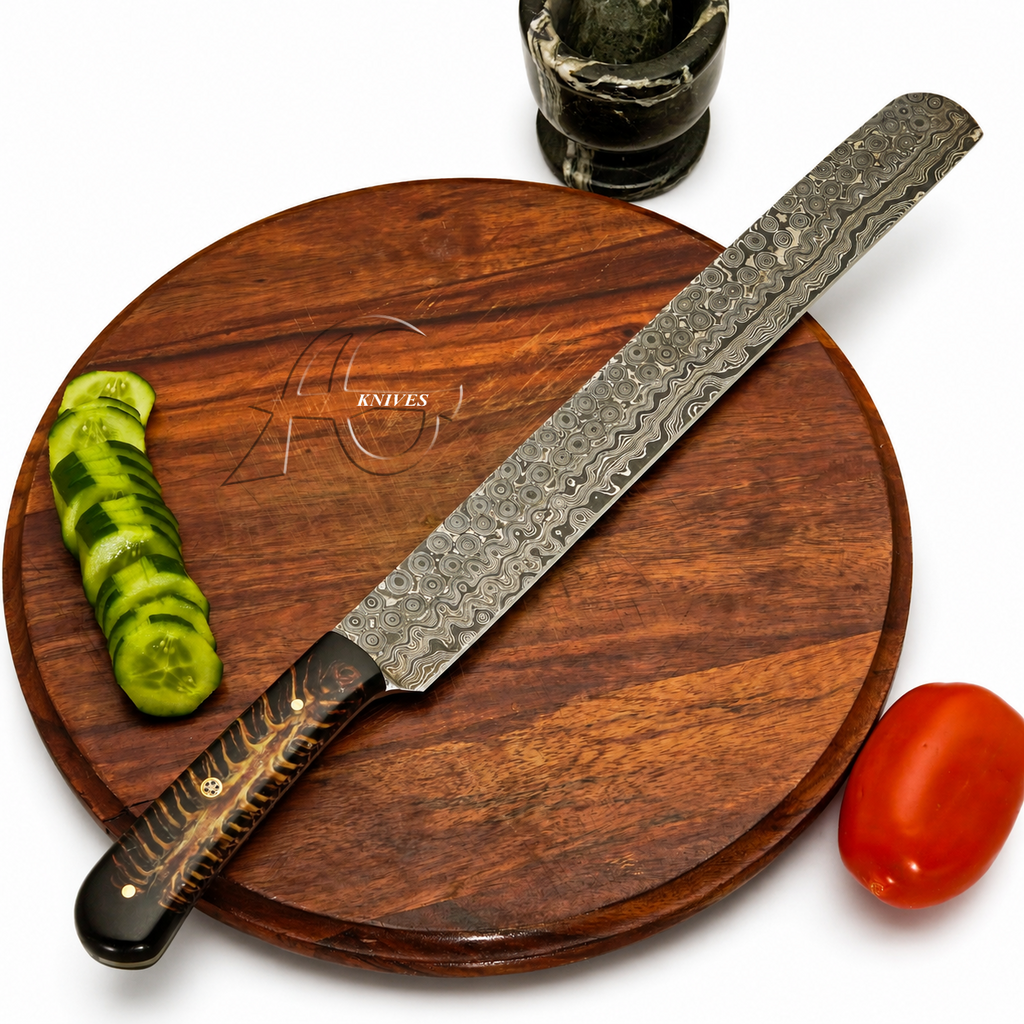 Handcrafted Damascus Raindrop Slicer Knife - Pinecone Handle 18" Full Tang - Leather sheath