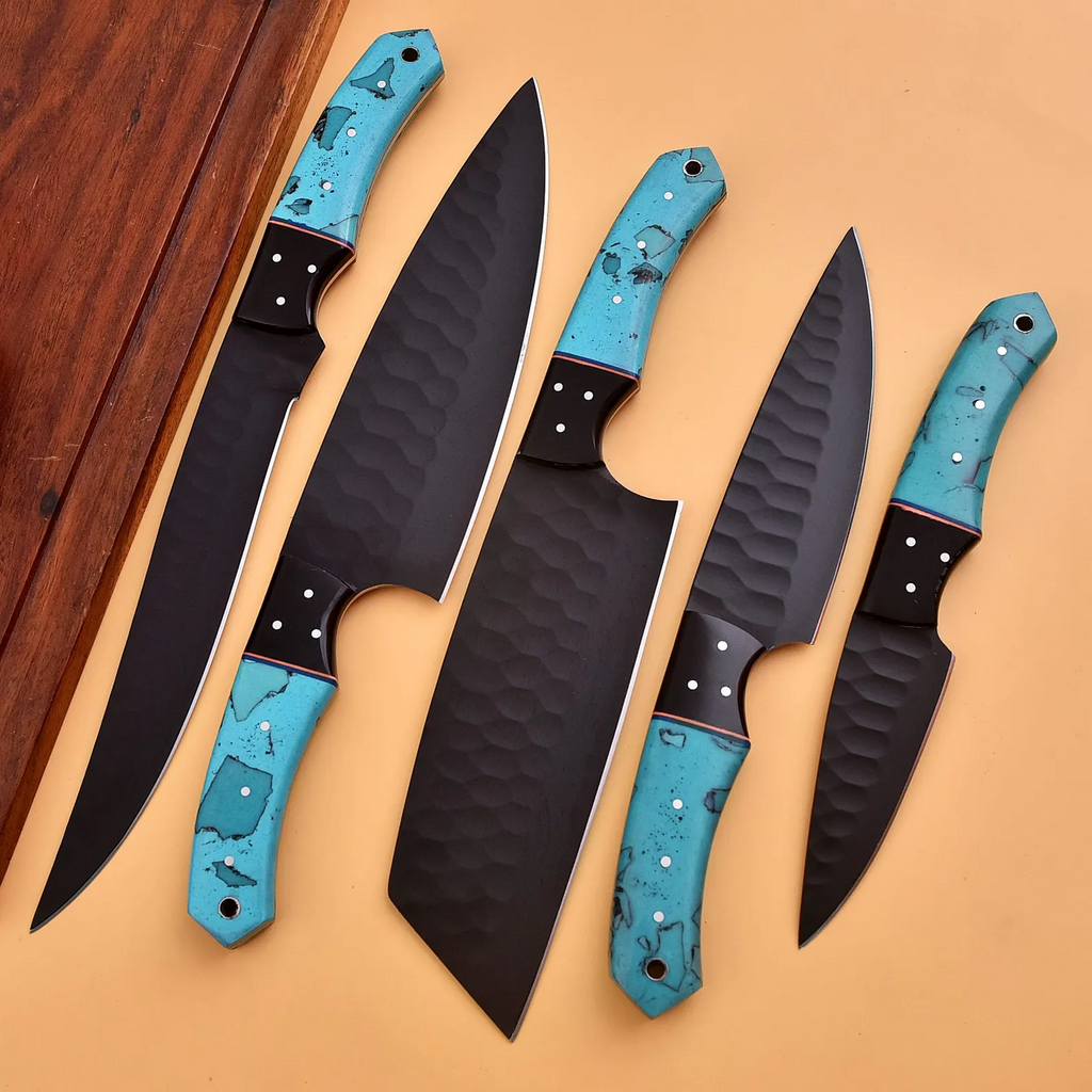 Captivating 5 Pcs Handcrafted Kitchen Knife Set Black Blade With Leather Roll Case