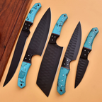Captivating 5 Pcs Handcrafted Kitchen Knife Set Black Blade With Leather Roll Case