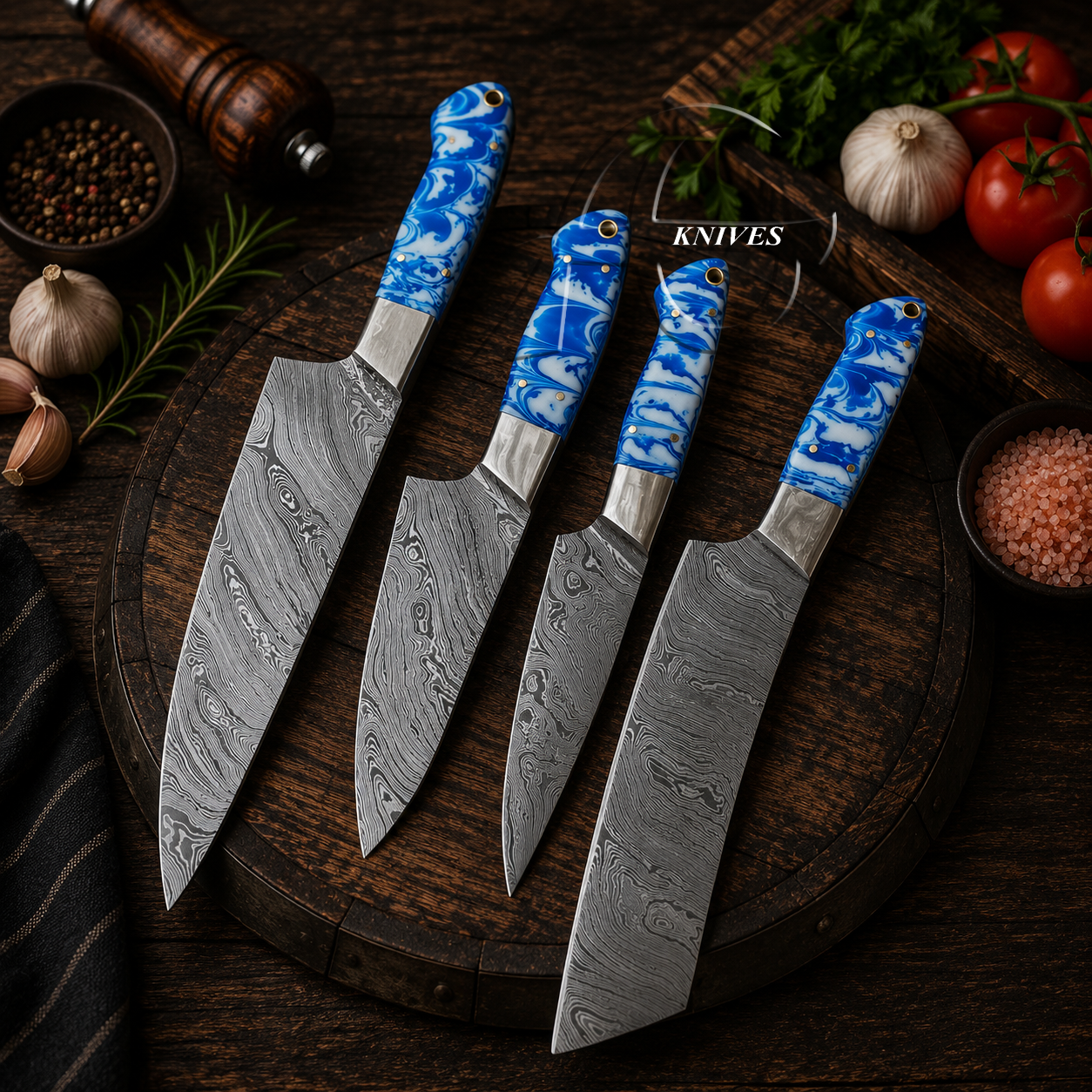 4 Pcs Hand Forged Damascus Kitchen Knives Set SkyBlue Resin Handle