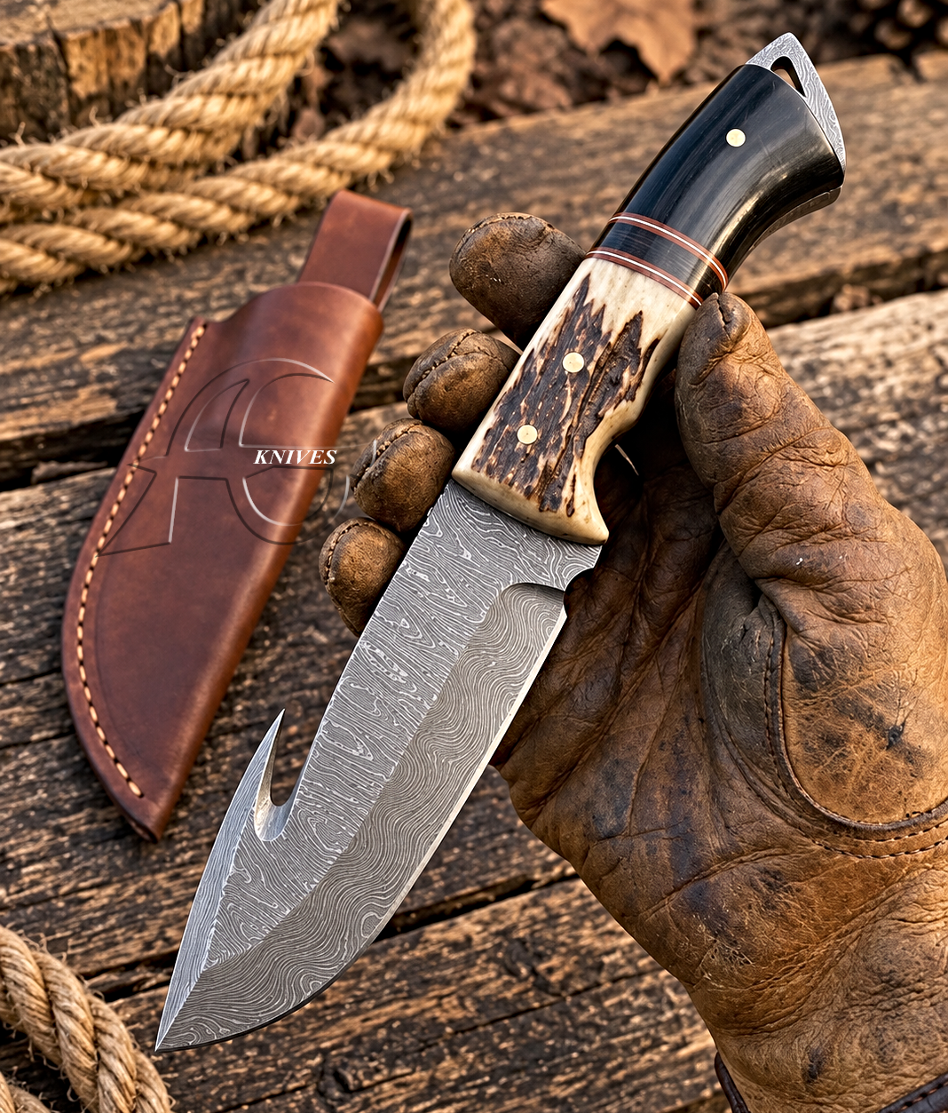 10" Fixed Blade Hand Forged Damascus Hunting Gut Hook Knife With Leather Sheath