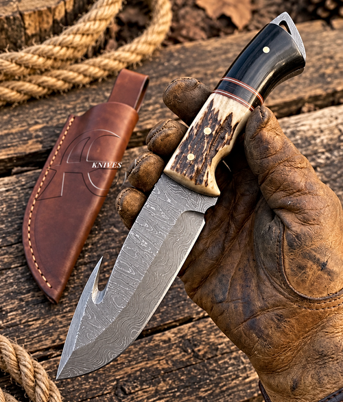 10" Fixed Blade Hand Forged Damascus Hunting Gut Hook Knife With Leather Sheath