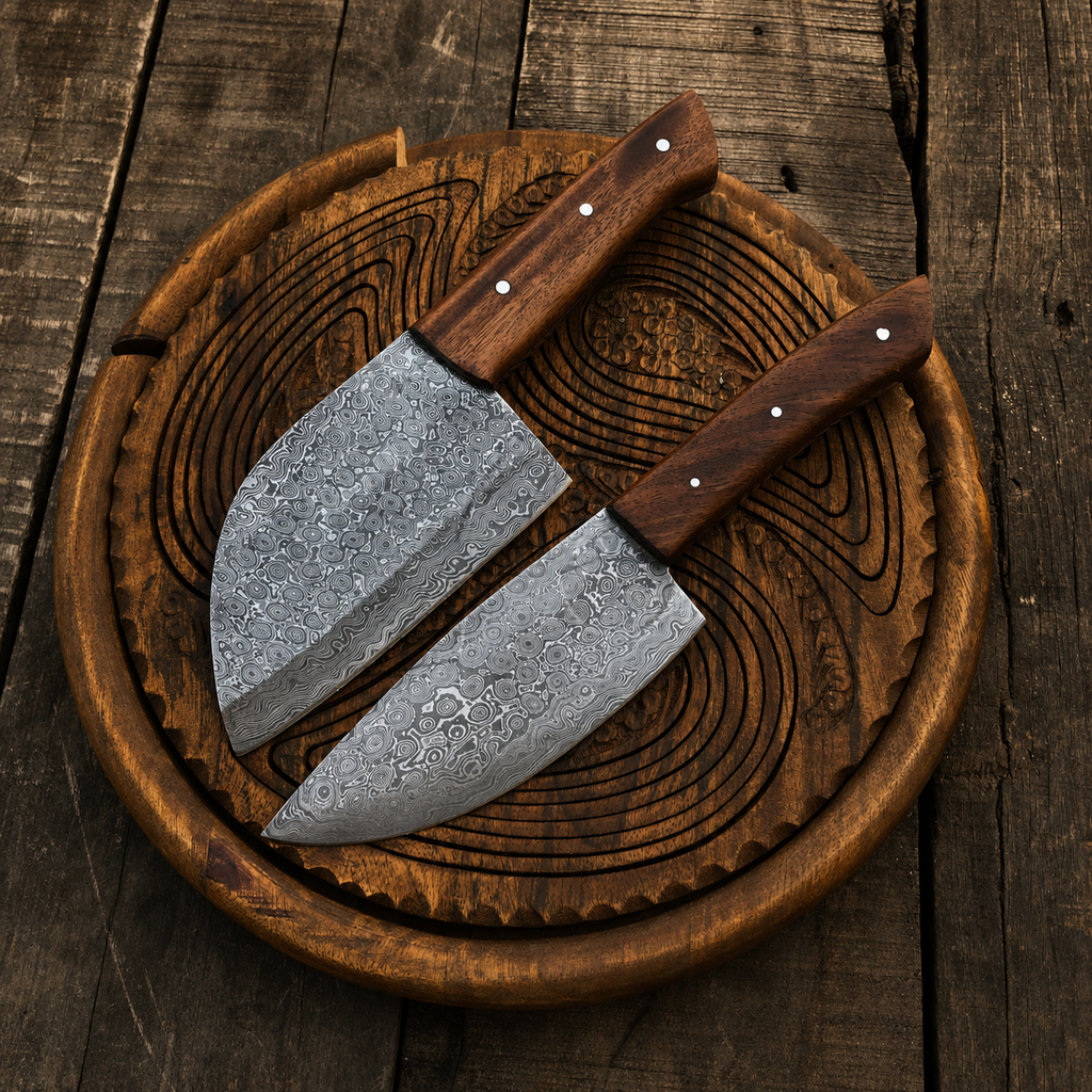 Pair Damascus Handmade Chef Knife & Cleaver With Cover