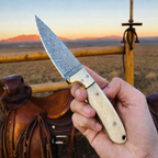Custom Damascus Knife - Hand Forged Bone Handle with Leather Sheath