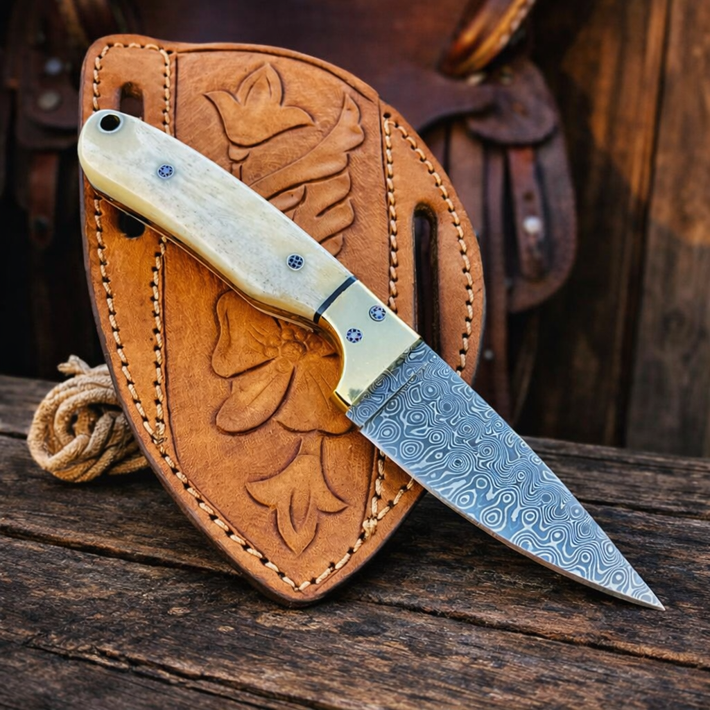 Custom Damascus Knife - Hand Forged Bone Handle with Leather Sheath