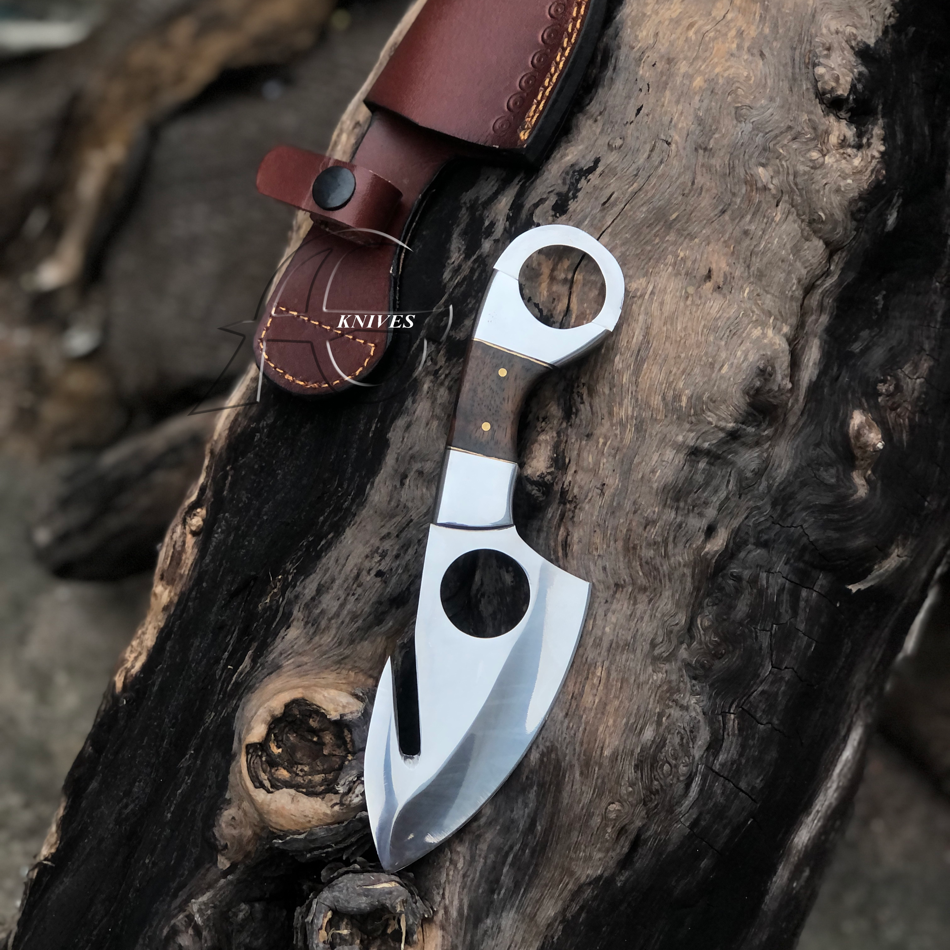 Hand Forged Gut Hook Skinning Knife 8" Wood Handle - Leather Sheath