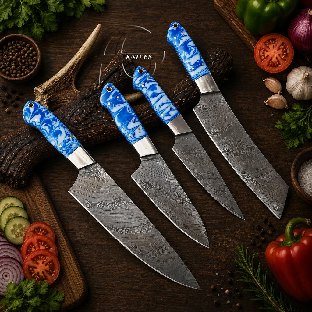 4 Pcs Hand Forged Damascus Kitchen Knives Set SkyBlue Resin Handle