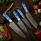 4 Pcs Hand Forged Damascus Kitchen Knives Set SkyBlue Resin Handle