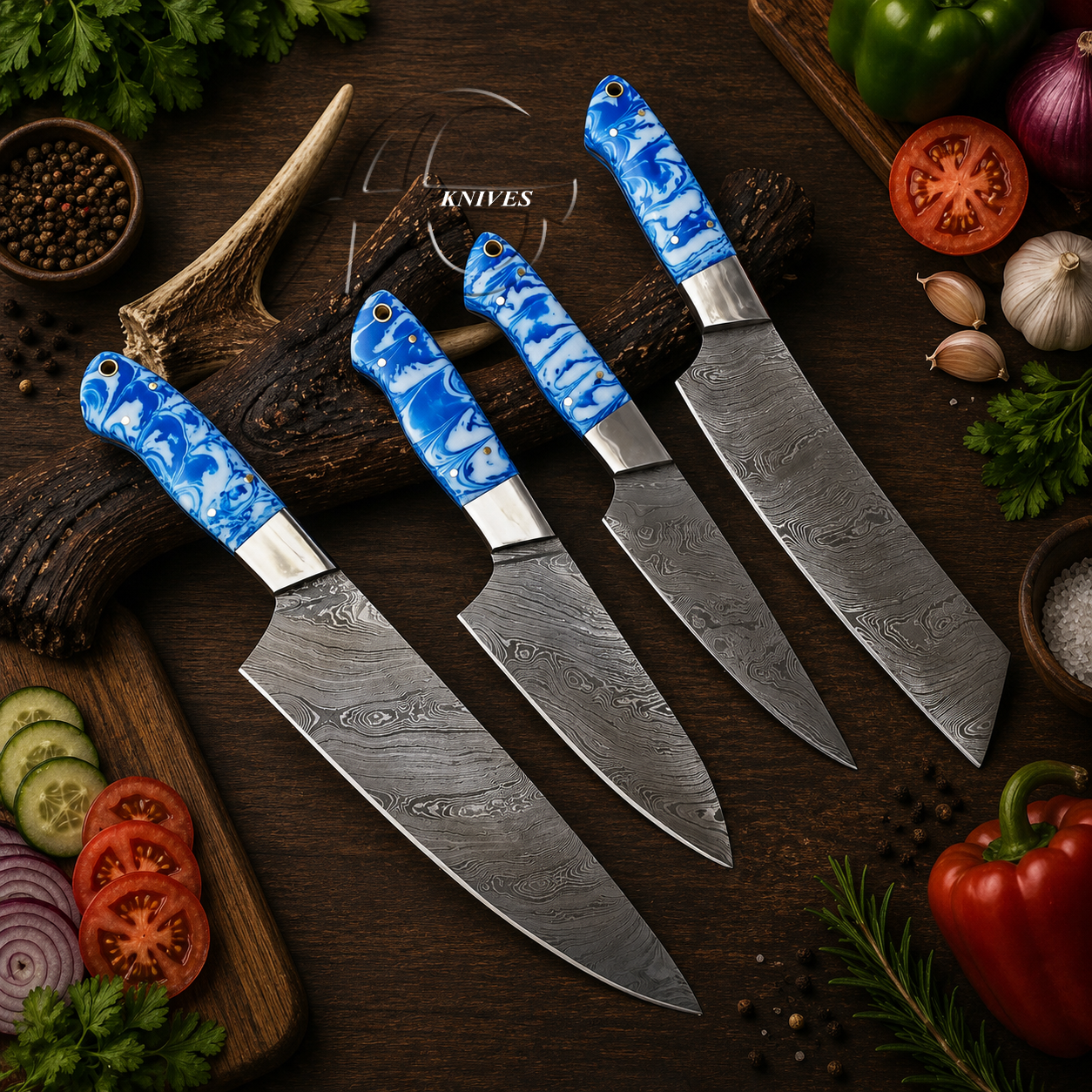 4 Pcs Hand Forged Damascus Kitchen Knives Set SkyBlue Resin Handle