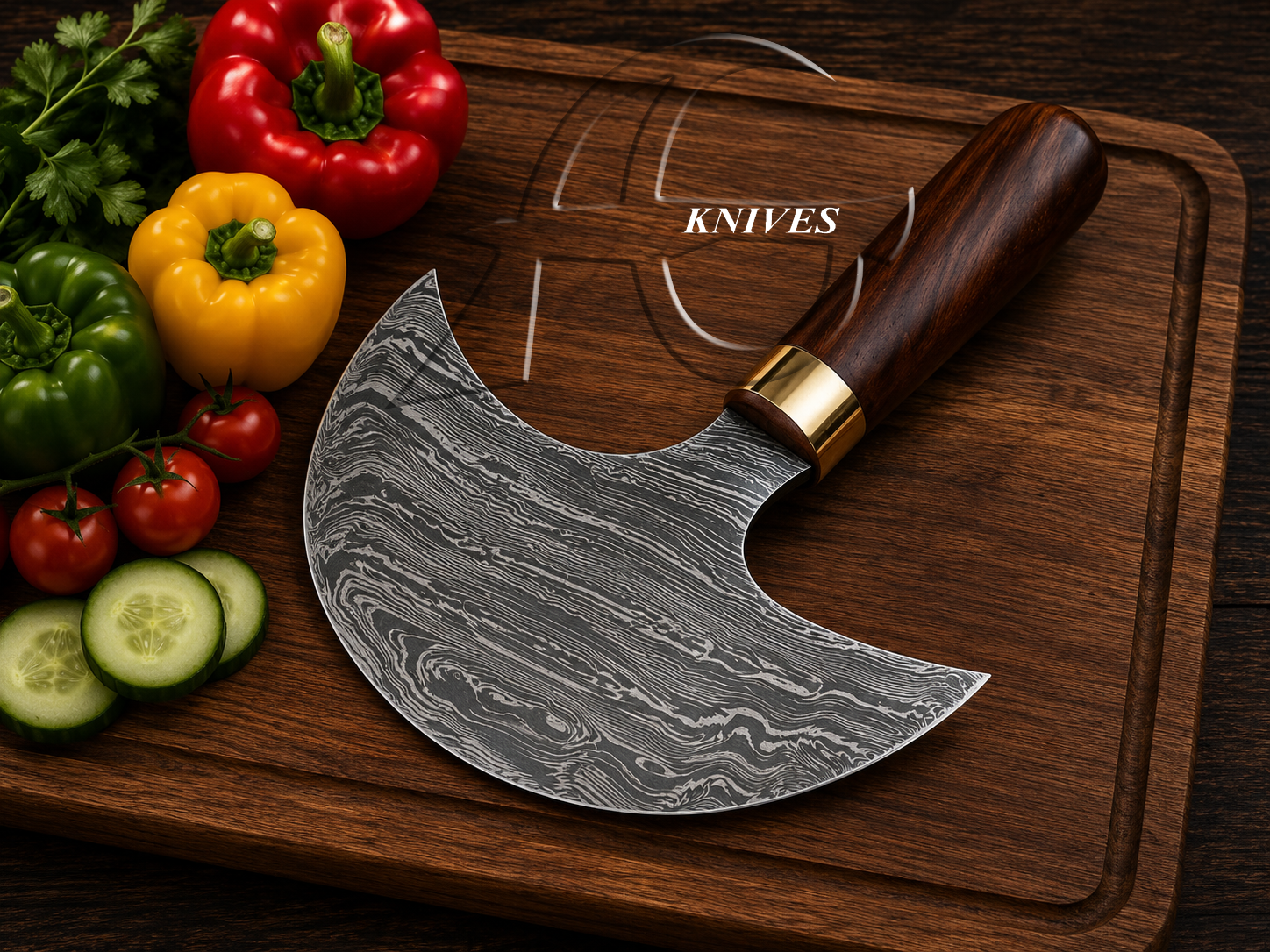 Handmade Damascus Ulu Knife Iron Wood Handle - AG Cutlery